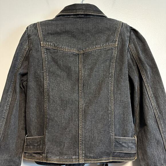 Manoush Denim Biker Jacket Motorcycle Washed Black Belted Size 40 US 8 - Picture 10 of 14